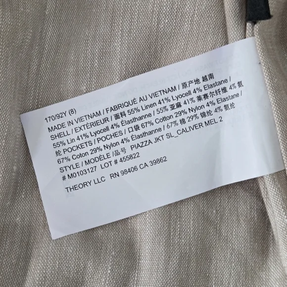 THEORY Piazza Tan Linen Blend Double Breasted Blazer Size 8 Summer Blazer - Picture 16 of 16